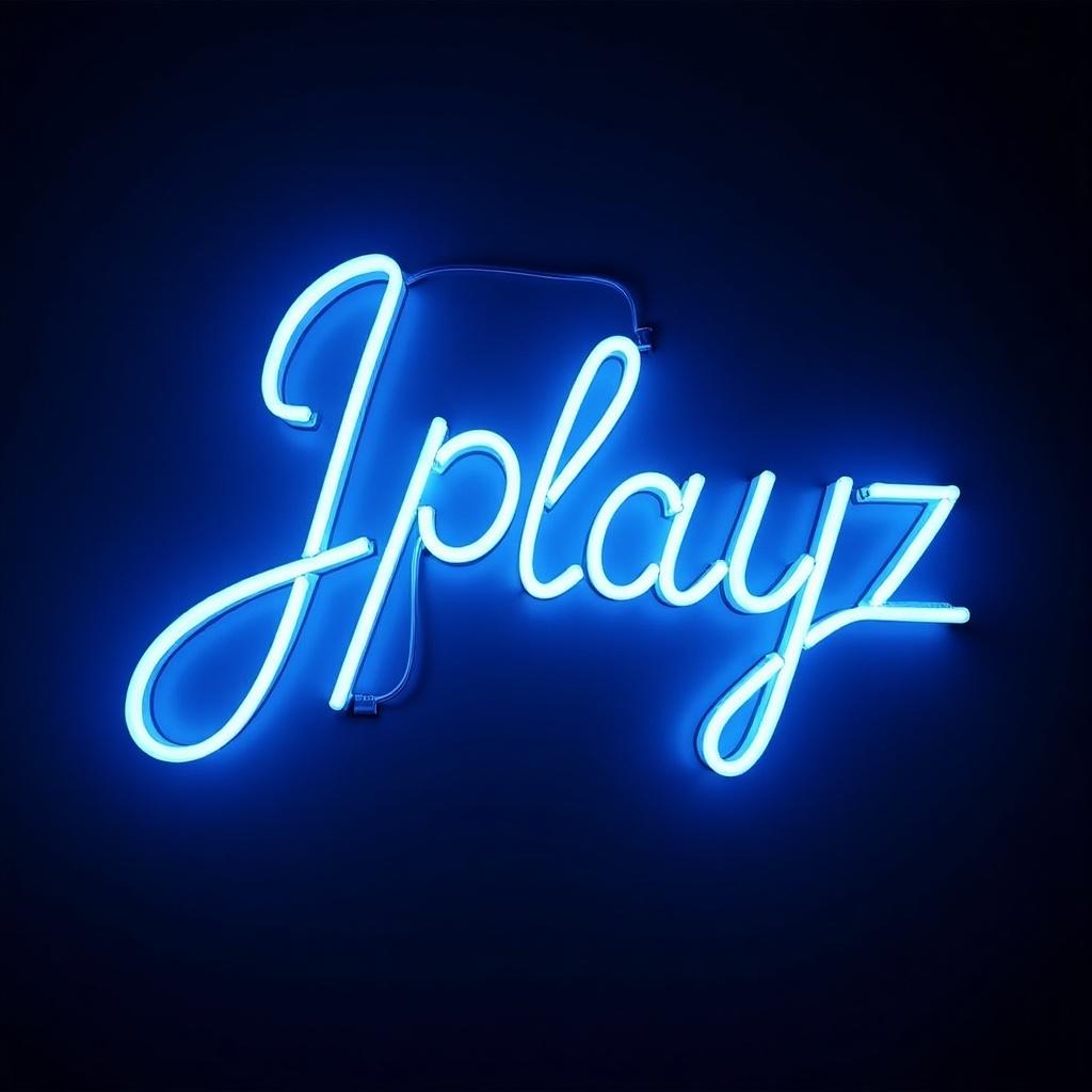 A neon blue sign in cursive font displays the word Jplayz against a dark background.