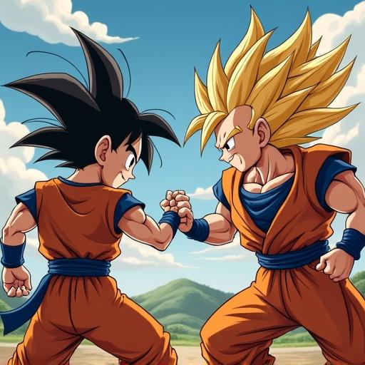 Goku faces off against a strong opponent in a dynamic pose. Characters display determination and strength in a vibrant landscape. Anime style with colorful energy.