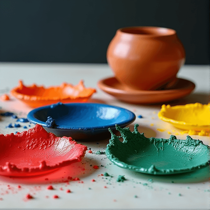 Various colors of paint splattered artistically on a flat surface with a clay pot in the background.