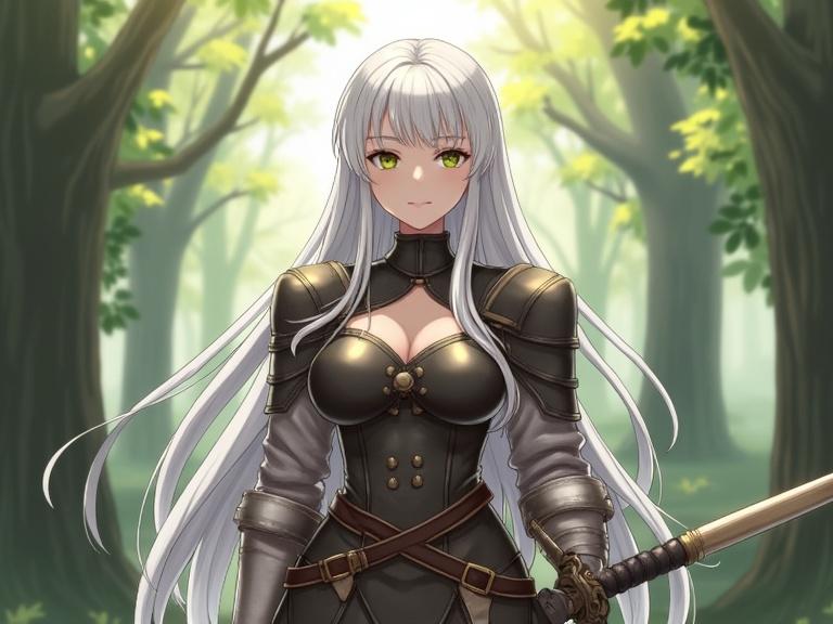 A beautiful girl with long white hair wearing leather armor stands confidently in a forest. She has big breasts and holds a sword. Dappled sunlight illuminates her from behind. She looks at the viewer with a serene expression.