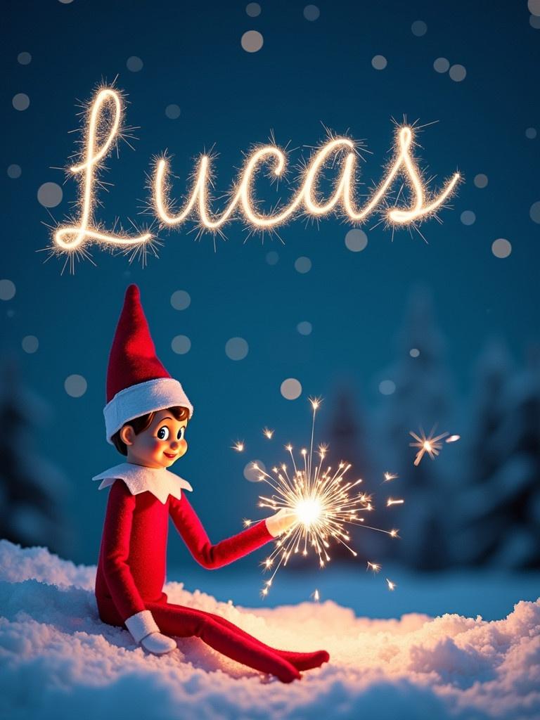 A cheerful Elf on the Shelf is sitting in snow. It's a peaceful night scene. The sky has the name Lucas spelled out with sparkler lights. Snow-covered trees are blurred in the background.