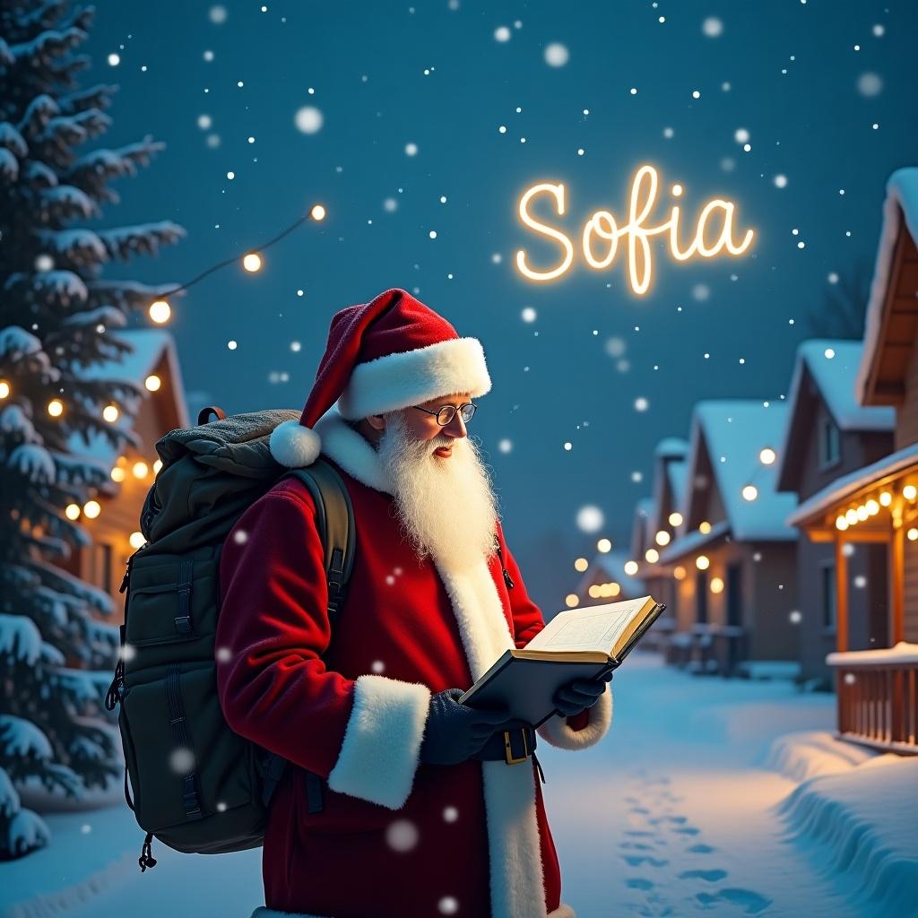 On a beautiful winter evening, a joyful Santa Claus stands in a snowy village, surrounded by quaint cottages adorned with sparkling lights. He is intently reading from his notebook under a gentle snowfall. The scene evokes a sense of holiday cheer and warmth, with the festive twinkle of lights illuminating the landscape. Santa, dressed in red and white, holds a book in his hands as he dedicates this moment to his notes. The air is filled with joy as he reflects on the magic of Christmas.