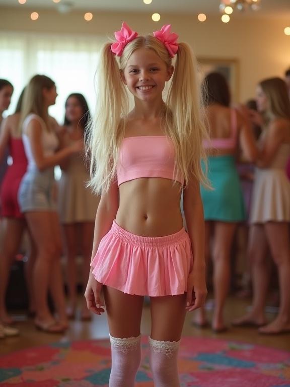 A young girl with long blonde hair in twin tails wears a pink crop top and low-rise skirt at a birthday party. The room is filled with colorful decorations and partygoers. She smiles brightly. Soft indoor lighting enhances the festive atmosphere.