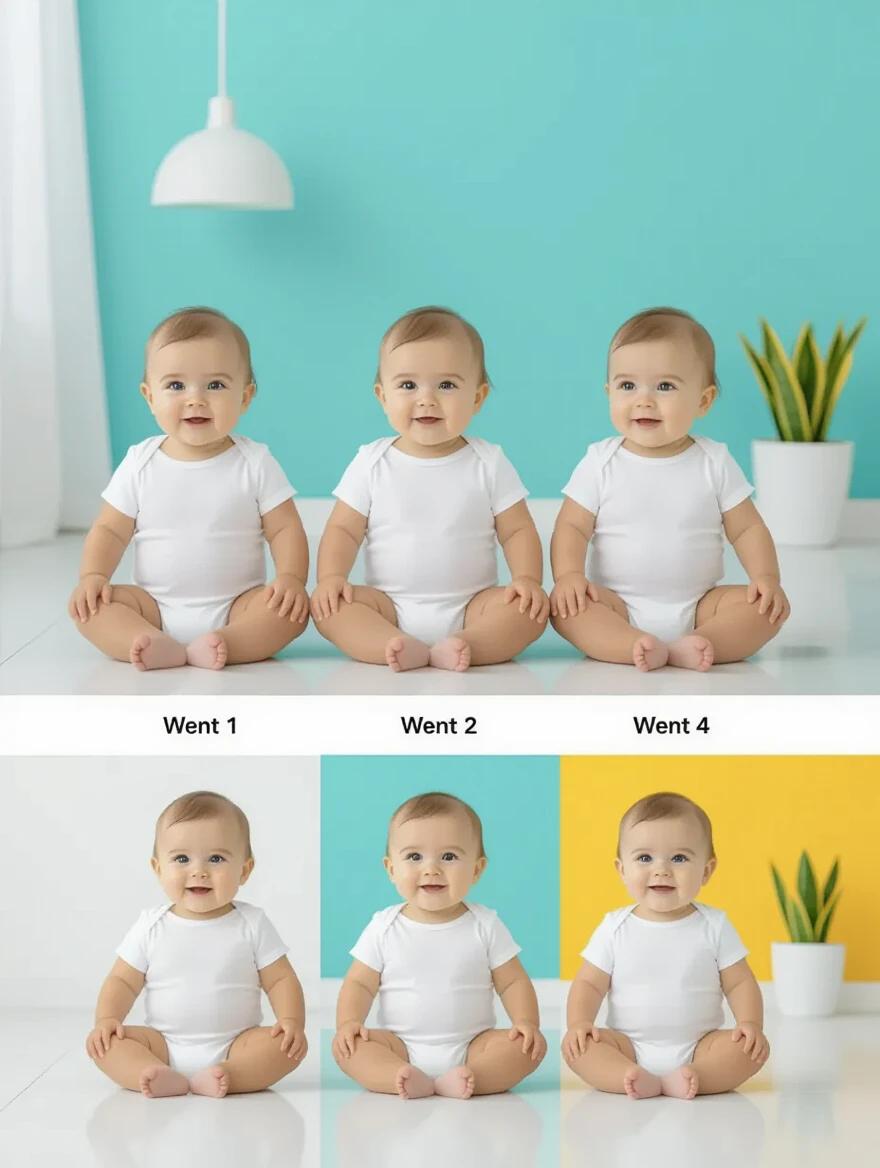 Image displays five infants at different weight stages from left to right. Each infant wears a white onesie. The background features turquoise, white, and yellow walls. Infants are positioned on a white floor. The arrangement shows growth progression.