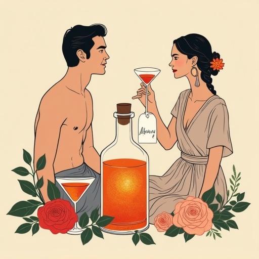 Minimalist screen printing depicting a couple in a lush setting. Man is shirtless offering a toast with a cocktail. Woman has a flower in her hair with a boho blouse and wrap-skirt. Nearby is a glowing apothecary bottle with tag labeled 'ALFRUNO'. Surrounding are roses and herbs. Set on a beige background. Clean and bold strokes illustrating fantasy and nostalgia.