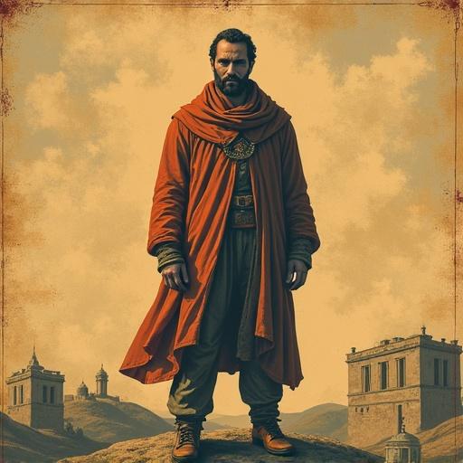 Vintage artwork with a flat colored background. Ancient manuscript style. Man standing prominently with large eyes. Outlined edges. No contemporary elements. Muted colors seen throughout.