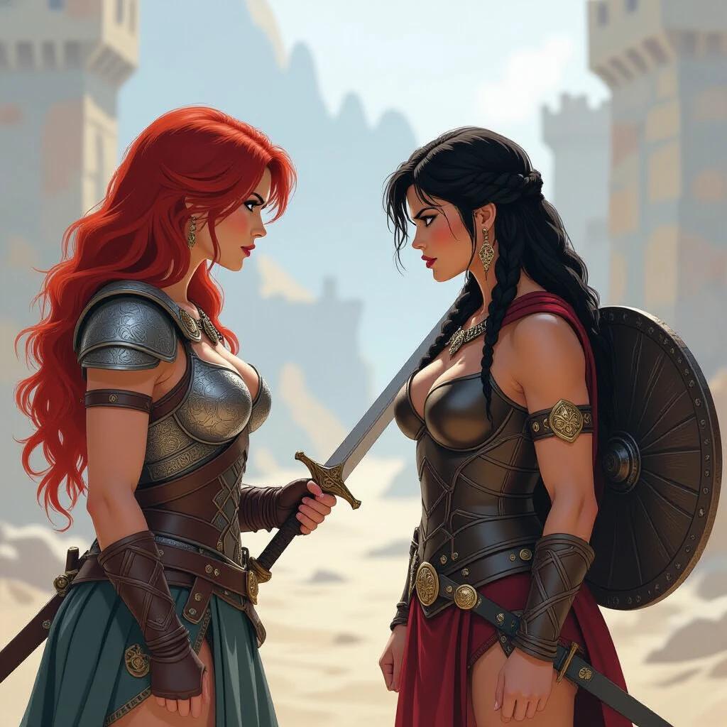 Red Sonja and Xena stand facing each other. Both are armed and ready. Their expressions show tension. The background features a fantasy landscape with ancient structures.