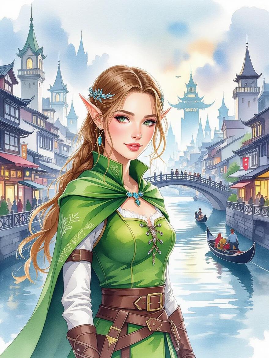 An elf woman stands in a city with floating bridges. The elf is wearing a green outfit with a cloak. Background includes buildings and waterways in a watercolor style. The scene conveys a sense of magic and adventure.