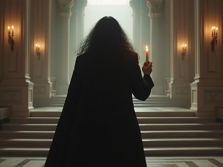 A tall fitted man with long dark hair wears a black coat with a cape. He holds a candle in his right hand. He stands before a grand marble staircase in an empty hall. The hall has three columns and soft light illuminates the scene.