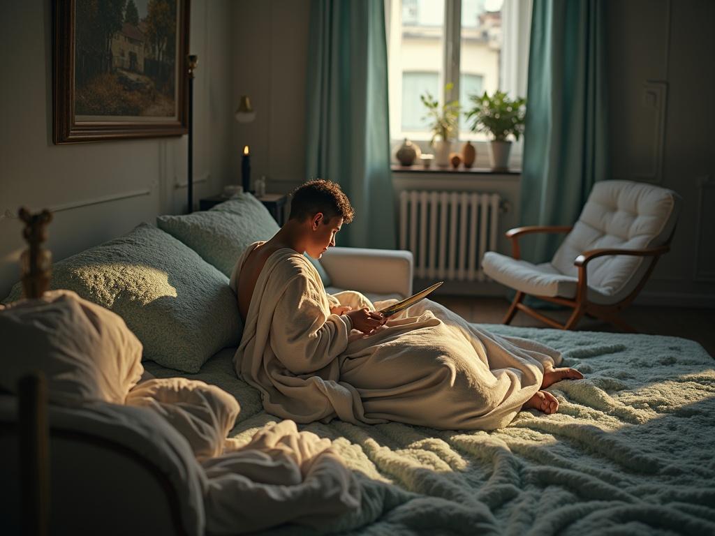A person reading on a bed, wrapped in a blanket. Soft natural light entering from a window. Cozy and serene atmosphere in a modern interior.