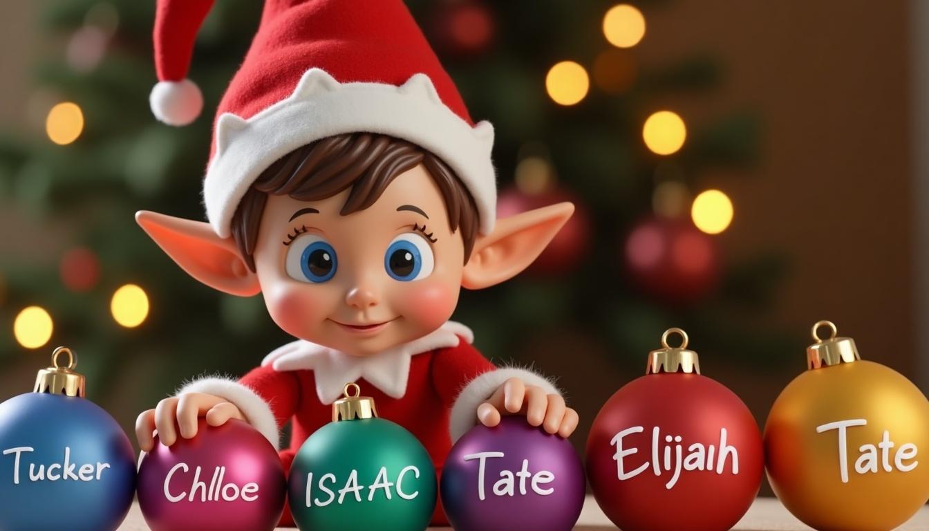 Elf character arranging colorful Christmas baubles with names Tucker, Chloe, ISAAC, Tate, Elijah. Background with soft Christmas lights. Elf dressed in red outfit. Scene embodies holiday joy and personalization.