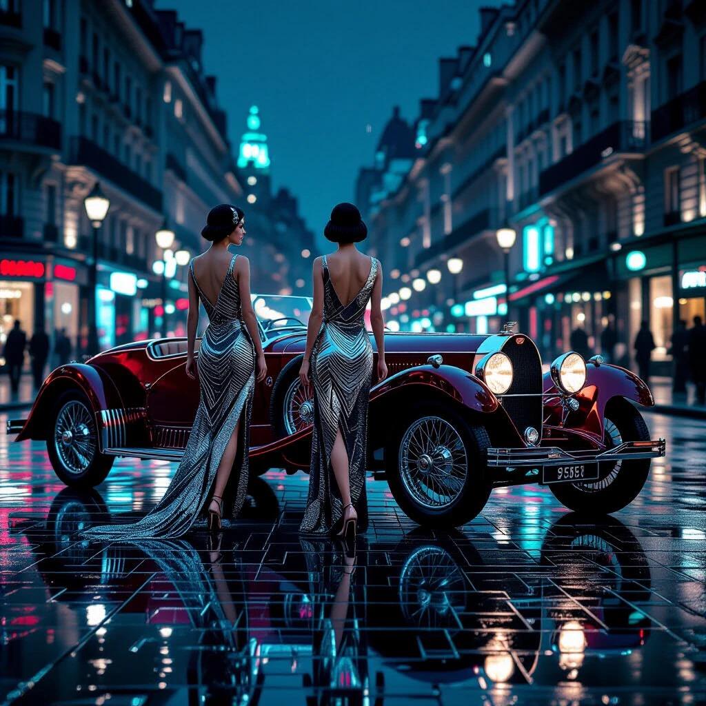 A 1925 Parisian boulevard at midnight is depicted with wet cobblestones reflecting neon lights. Two women in Art Deco dresses stand beside a glossy burgundy Bugatti Type 35. The atmosphere is illuminated by vintage street lamps with a view of a blurred theatre in the background.