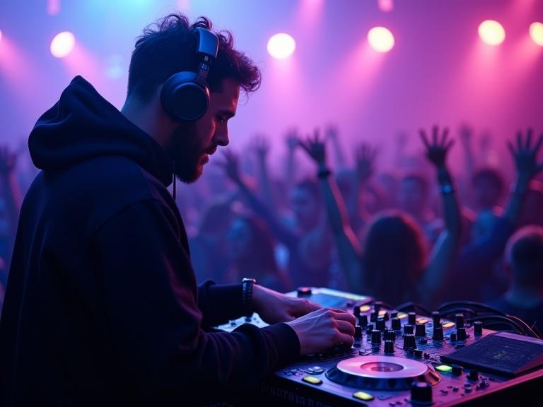 A younger Vincent van Gogh as a techno DJ. He adjusts a mixer in a packed nightclub. He wears modern DJ headphones and a black hoodie. Lighting is purple and blue. Enthusiastic crowd dances. Shot in 16:9 format with a high-end DSLR.