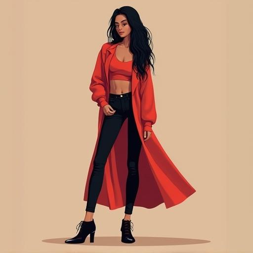 Full body fashion illustration of a young woman with black hair. She wears a red crop top under a long red coat and tight black jeans. The outfit is complemented by stylish black shoes. The background is a simple beige to highlight the fashion.