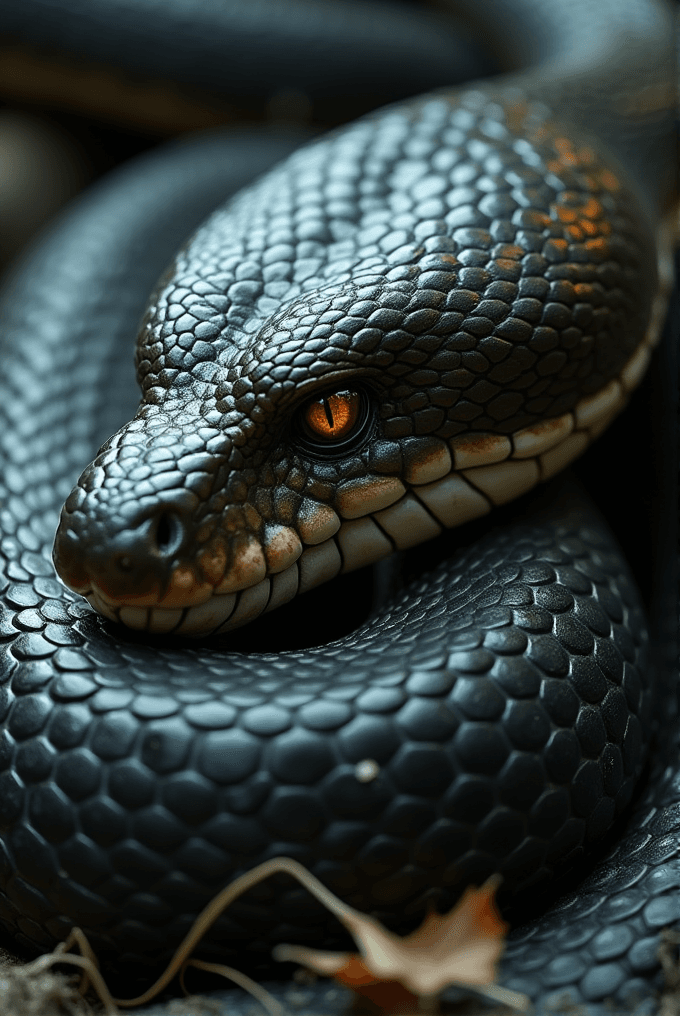 A close-up of a coiled snake with iridescent scales and striking orange eyes.