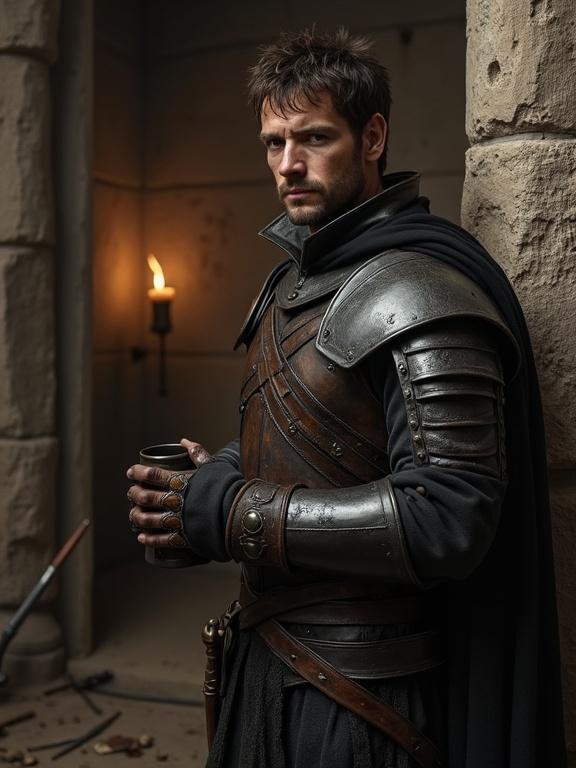 A portrait of a 28-year-old soldier with tousled brown hair. Standing tall and imposing, in dark leather armor with metal accents. He displays a relaxed yet alert pose. His face shows lines of hardship and quiet intensity. The setting is a dimly lit garrison with damp stone walls. The atmosphere reflects somber realism and dark fantasy. The style is photorealistic with detailed textures. Colors are muted with candlelight accents.
