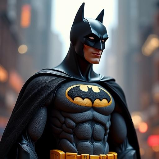 A hyperrealistic representation of Batman in a colorful Barbie-themed world. The figure features intricate details showcasing Batman's iconic costume. The background includes elements inspired by Barbie's vibrant aesthetic. The scene creates a surreal blend of both universes emphasizing contrasting styles.