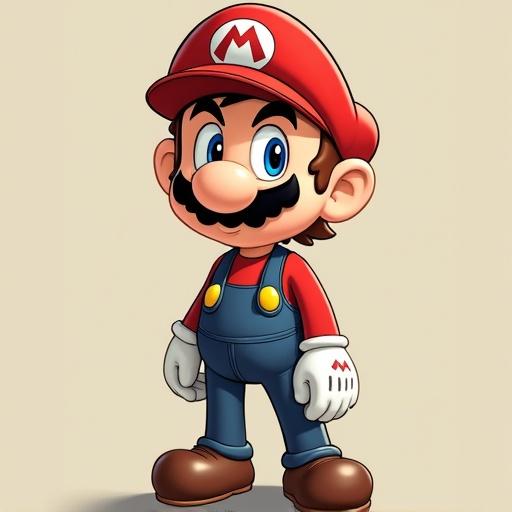 Character in a cartoon style. Male character with a red cap, mustache, blue overalls, and white gloves. Friendly expression and playful pose.