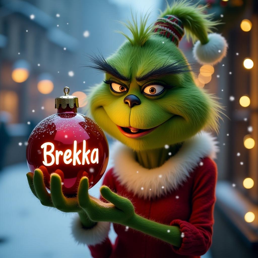 Grinch character holds a red bauble. Name Brekka is engraved on the bauble. Snow falls in the background. Christmas lights are twinkling in the scene.