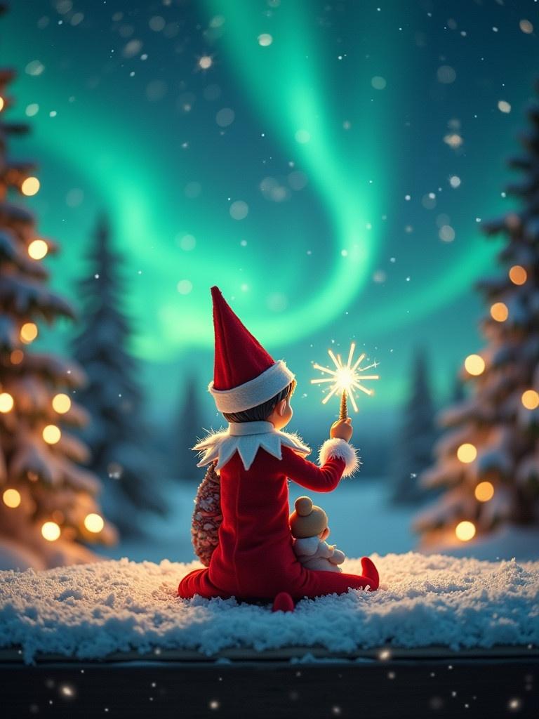 Enchanting Christmas scene showcases an elf on the shelf facing the sky. The elf dressed in red holds a magic wand and a baby. Vibrant northern lights form a magical backdrop. Scene evokes Christmas spirit with whimsical twist, capturing holiday wonder and excitement.