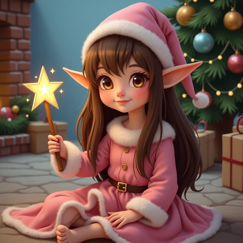 Cute girl elf with pointed ears and long brown hair sits in front of a Christmas scene. She wears a pink dress and holds a star wand.