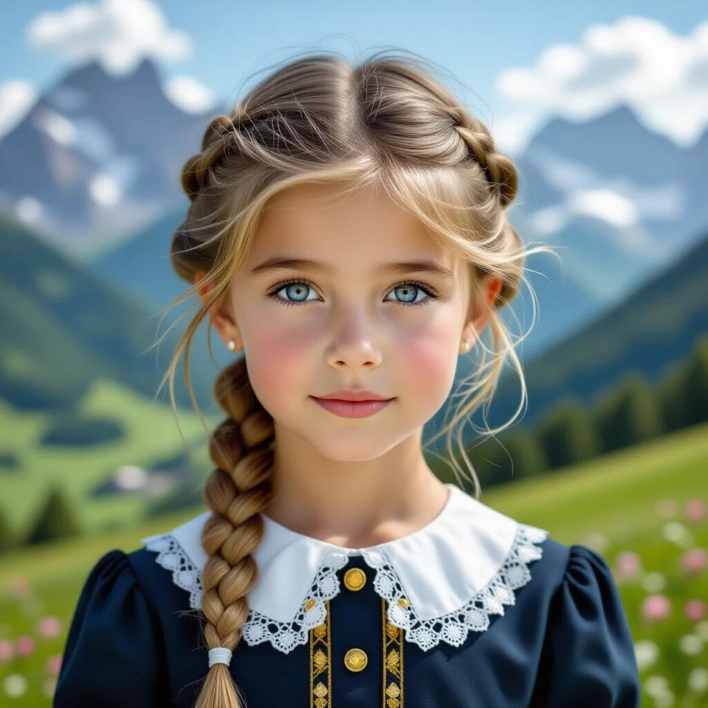 A realistic photo of a young girl. The girl has blonde hair styled in a braid. She has blue eyes. She wears a dark blue dress with a white lace collar and gold trimmings. The background shows a mountainous landscape with green valleys and flowers.