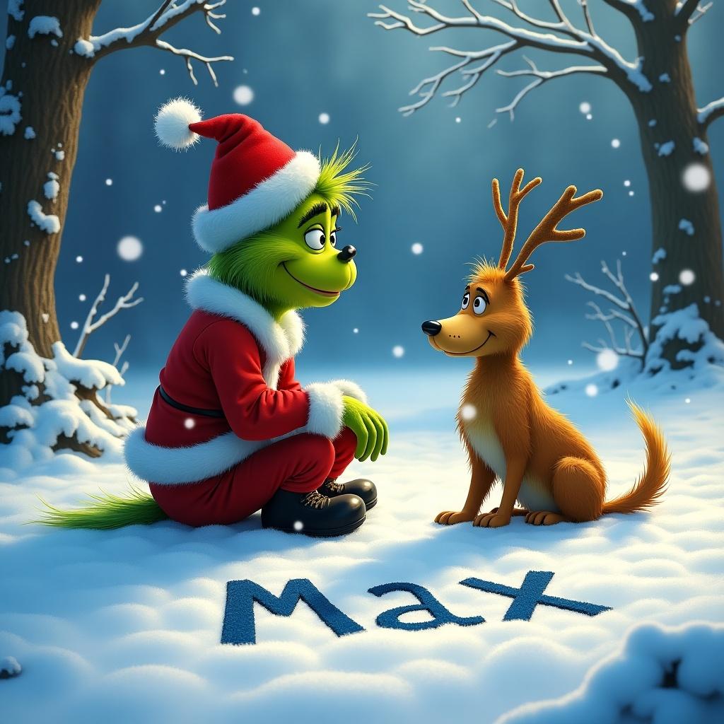 The Grinch sits with Max the dog on snowy ground. Writing Max in the snow. The Grinch wears a Santa hat and red suit. Magical winter atmosphere surrounds them.