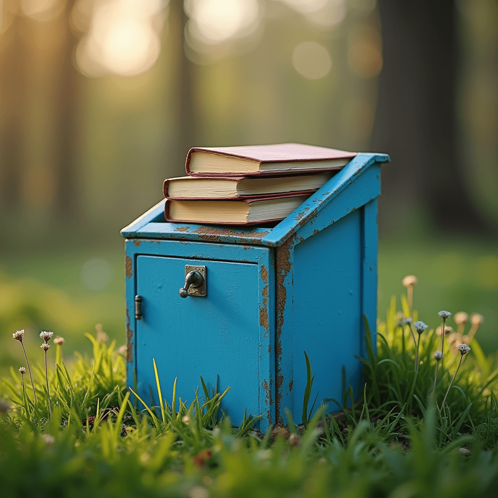 A small blue book box sits in a grassy field with books stacked on top, surrounded by tiny white flowers.