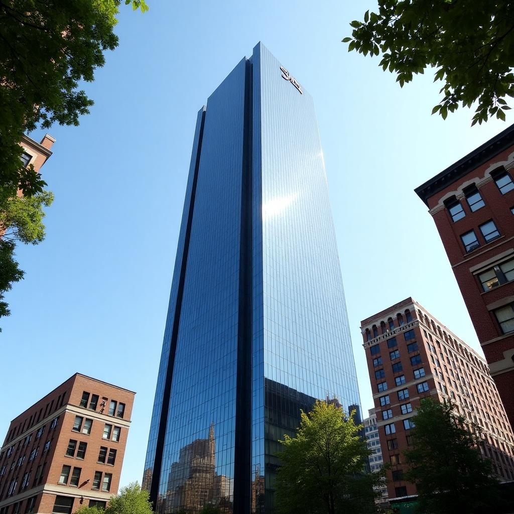 Image depicts a tall modern building with glass facade. Surrounding area includes trees and historical buildings. Bright blue sky enhances reflections while natural daylight illuminates the scene. Urban setting shows contrast between modern and traditional architecture.