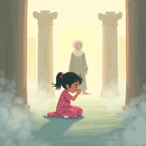 A flat-style soft cartoon illustration shows Layla crying on the ground in a foggy empty space. She wears a pink dress and has her hair in a ponytail. Four wooden columns stand behind her. A grandmother figure appears in the distance with a warm golden glow.