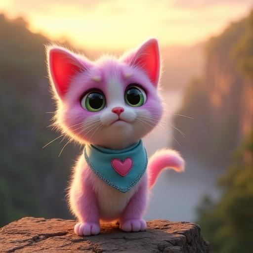 Fluffy anthropomorphic kitten with pastel pink and lavender fur, creamy white belly. Large expressive green eyes, oversized Pixar-style head, soft rounded features. Tiny paws, perky ears, light blue bandana with stitched pink heart. Kitten on cliff’s edge, watching smoke rise from canyon. Jungle glows with soft golden sunrise light, fog curls from the abyss.