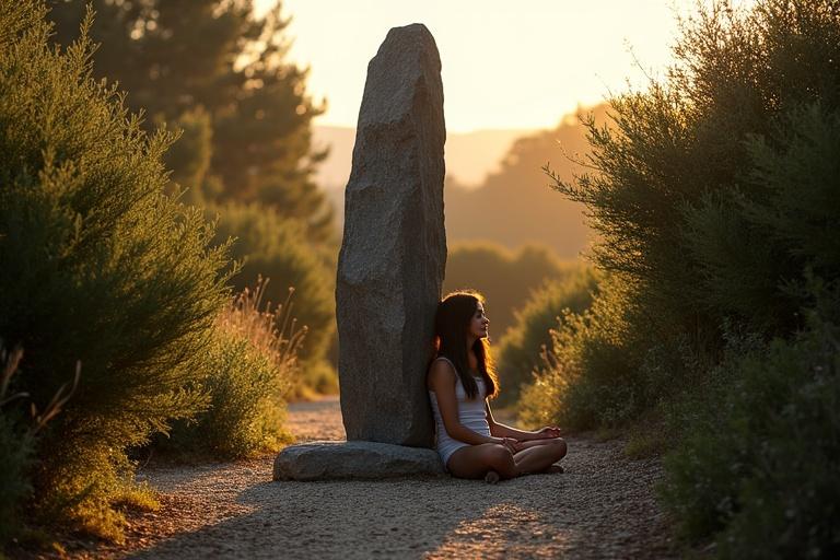 A tall menhir of dark granite stands in a southern French landscape. It radiates calmness and strength. Surrounding the menhir are dense, tall shrubs. The ground is rocky with sparse wild herbs. A young woman meditates against the menhir in the warm evening light of early spring.