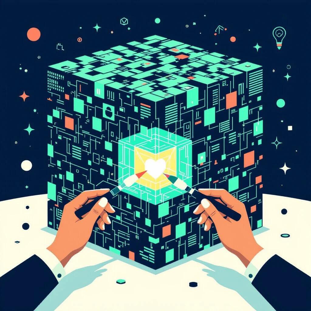 Abstract illustration showing human interaction with AI. Cube made of chaotic data with glowing teal colors. Hands sculpting to create a polished structure. Glowing node representing management by exception. Minimalist flat design with cream background. Teal and black colors with soft texture. Cartoon style.