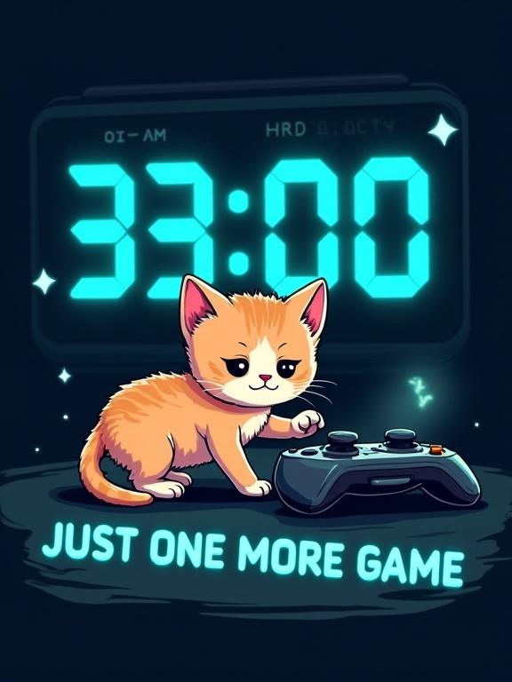 A cute kitten with droopy eyes struggles to reach a glowing gaming controller. Digital clock in the background shows 3:00 AM. The phrase 'Just One More Game' appears below. Dark navy background with neon accents. Clean vector art suitable for t-shirts.