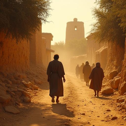 Dusty Middle Eastern village under Roman rule. A man walks along rocky paths, looking thoughtful. Scenes include family, poverty, and storytellers under olive trees. Warm golden light reflects an emotional and rustic setting.