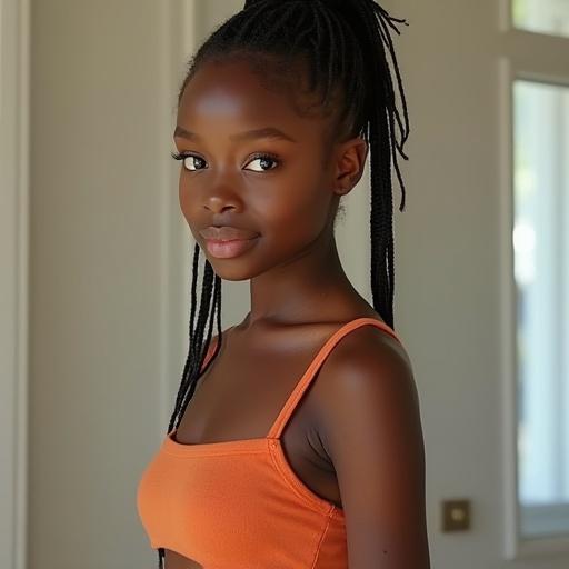 A cute 18 year old African girl with a high ponytail. She wears an orange crop top. Toned and slim body. Brown eyes and looking at the viewer. Narrow waist and wide hips. Captured in natural light.