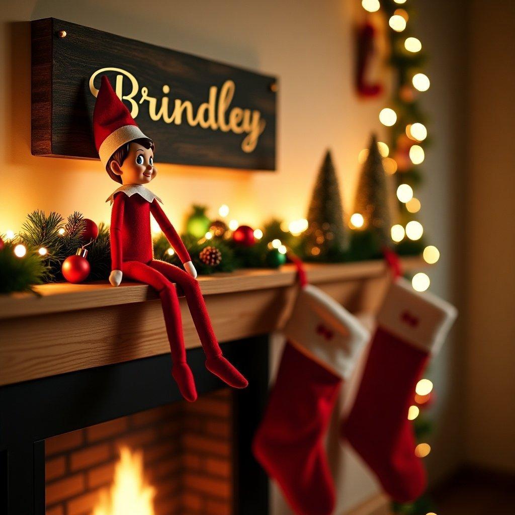 Brindley Family name displayed with an elf on the shelf sitting on a mantel decorated for Christmas.