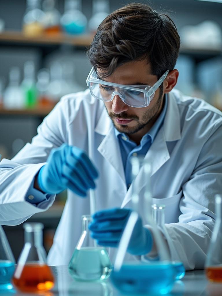 Scientist conducting precipitation titration experiment in a laboratory. White lab coat worn with safety goggles and gloves. Reagents added to flasks. Laboratory features various glassware filled with colorful chemical solutions. Bright lighting highlights lab work details. Vibrant colors in flasks enhance visual interest.