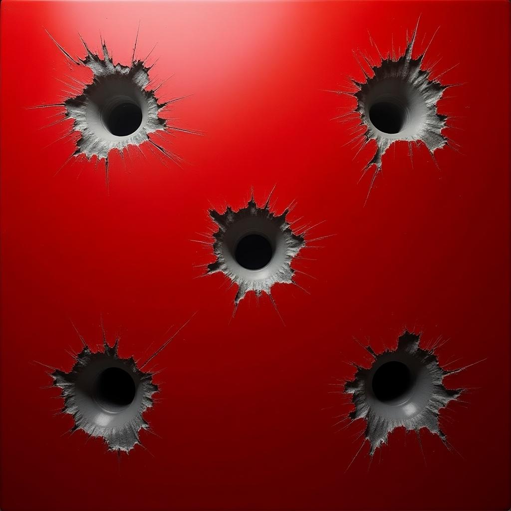 Realistic photo of five bullet holes in shiny red metal. Grey matt steel visible around holes. Metal slightly deformed. Light shines through holes. Holes placed randomly.