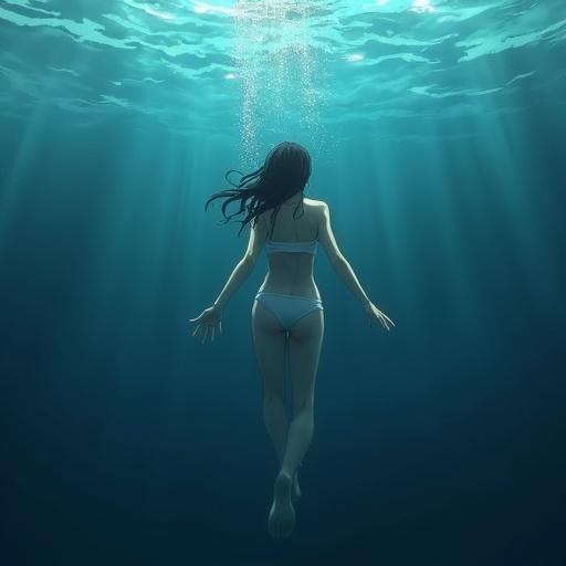 Young woman swimming underwater in a horror anime style. Dark and mysterious atmosphere with underwater lighting. Ethereal quality with a focus on movement.