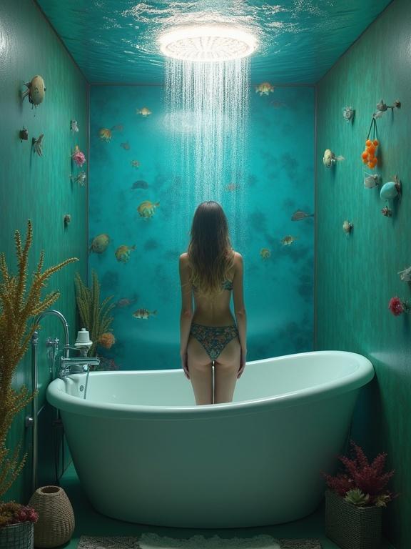 Surreal hyperrealistic photography scene with a woman taking a shower in a cozy bathroom. The woman is in the center, surrounded by fish swimming in an underwater environment. Soft lighting from above creates an ethereal effect.