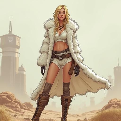 Post apocalyptic blonde girl wearing short white fur coat. Mystical female character in white attire drawn in Borderlands style. Standing confidently with desolate background. Wearing crop top and brown boots.