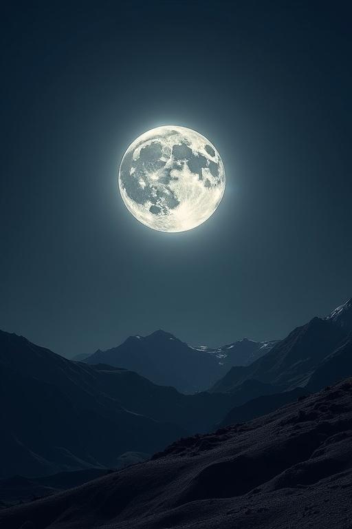Strange moon glowing brightly against dark night sky. Showcasing millions of detailed craters that litter the surface. High mountains in the foreground.