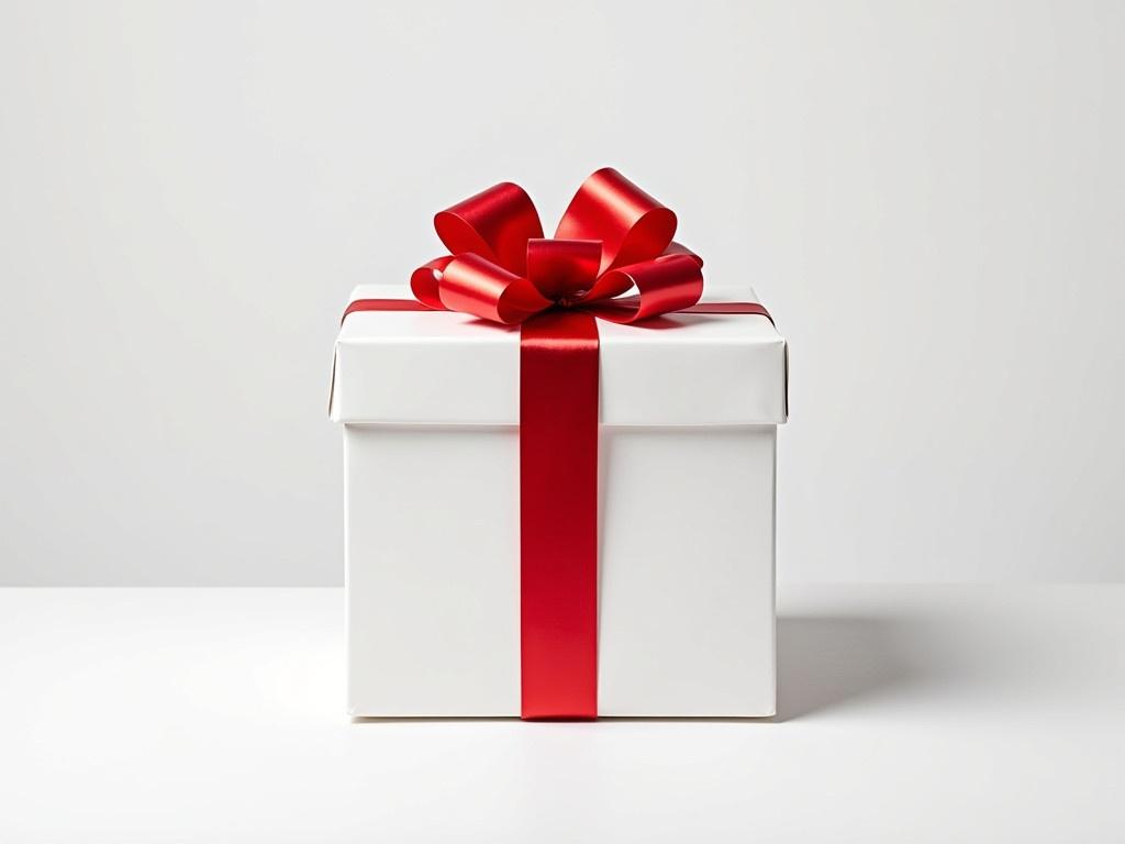 A white gift box placed on a flat surface, viewed from the top. The box is adorned with a bright red bow sitting prominently at the center of the lid. A shiny horizontal red ribbon is wrapped around the box, enhancing its festive appearance. The background is clean and simple, emphasizing the gift box. The overall image conveys a sense of celebration and joy, perfect for holiday gifting.