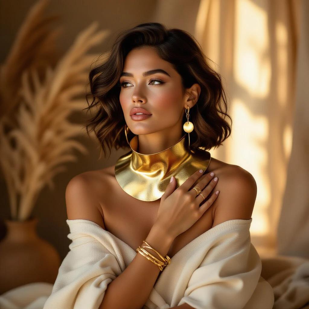 A person aged 33 embodies organic sensuality in a softly lit space. Natural textures like wood and flowing fabrics surround them. They wear a golden biomorphic collar with smooth curves. Asymmetrical bracelets and earrings made from natural materials complement the look. Soft lighting highlights skin and jewelry details, creating a deeply human atmosphere of intimacy and nature.
