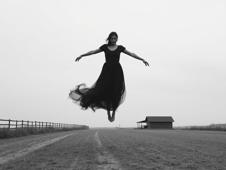 A central figure floating in the air in a dark dress. The landscape features a barren field, a quaint house, and a picket fence. The mood is surreal and peaceful. The focus is on the figure's pose and the contrast between the floating motion and the grounded surroundings.