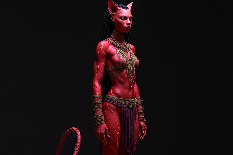 A tall humanoid figure with deep red skin and glowing patterns. Athletic figure with feline golden eyes and braids. Wears a netted chest covering and a purple loincloth with tassels. Features woven armbands and leg wraps. Looks like a powerful warrior from an ancient world.