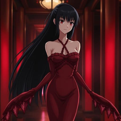 Motoko Kusanagi depicted in an elegant evening dress at a vampire ball. The character has long black hair and a serious expression, set against a dramatic red background. Anime 2D style artwork.