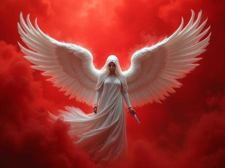 A white angel with large wings stands against a red background. The scene conveys a sense of power and intensity with the cloudy red hell-like environment.