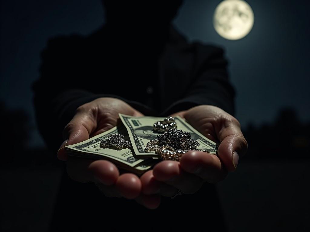 This image depicts a pair of hands presented in a dark setting, highlighting a few hundred dollar bills and some pieces of jewelry. The hands appear to be offering or possibly stealing these valuables. In the background, a large, glowing moon adds an eerie atmosphere. The scene is under low lighting, creating a sense of mystery and tension. Overall, the image conveys themes of wealth, crime, and secrecy. It could easily be used in contexts involving financial discussions or crime-related narratives.